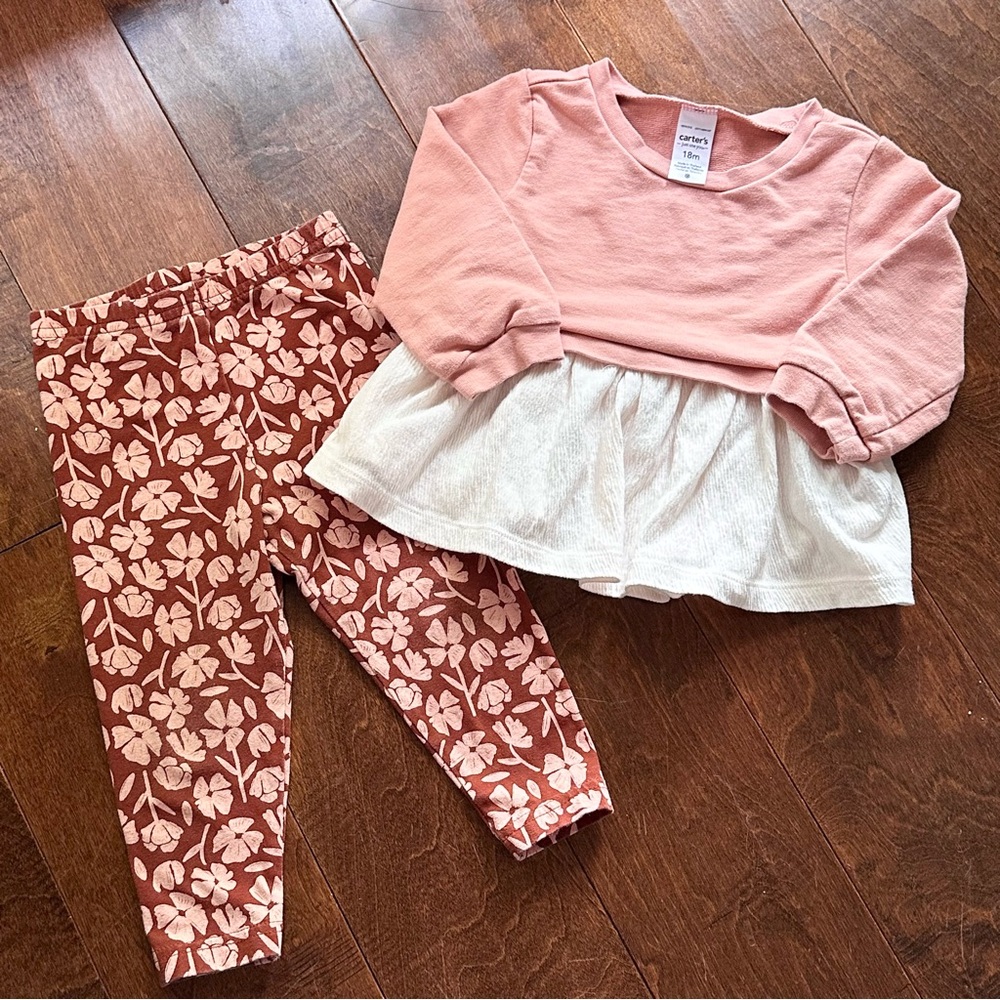 Carter’s 18M Muted Pink and Cream Outfit with Floral Pants Outfit Set